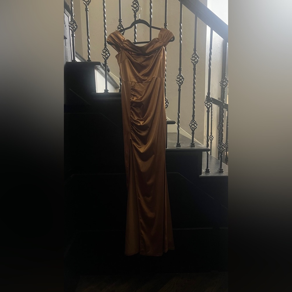 Elegant Copper Satin Off-Shoulder Evening Gown